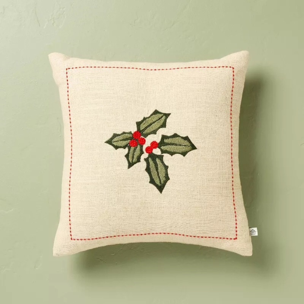 16"x16" Holly & Berries Embroidered Christmas Throw Pillow - Hearth & Hand